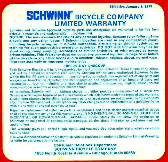 1977 schwinn  warranty
