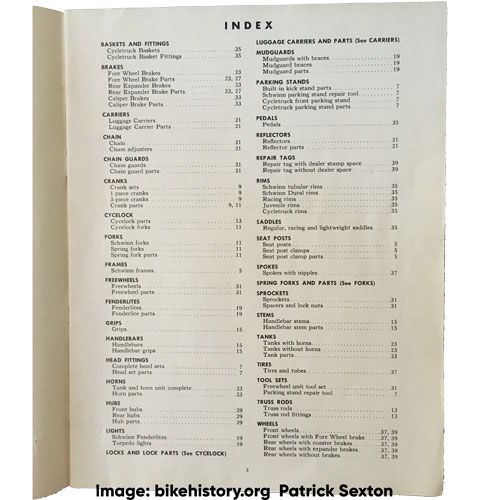 1948 Schwinn parts and accessories catalog table of contents