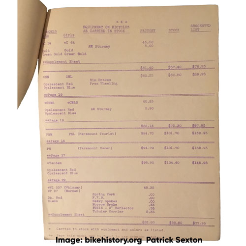 1949 Schwinn Price List interior page