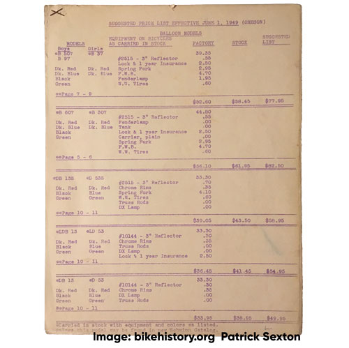 1949 schwinn price list front cover