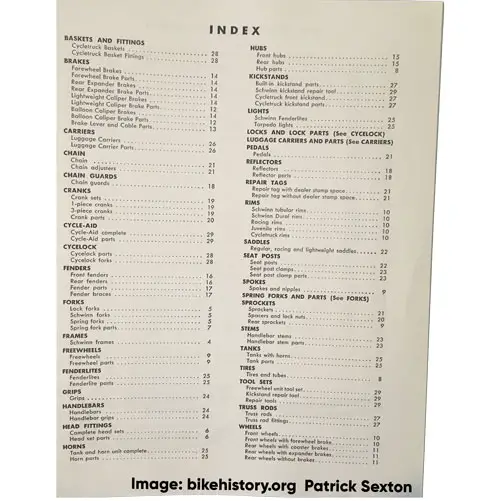 1952 Schwinn parts and accessories catalog table of content