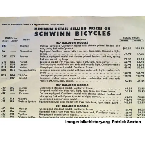 1953 Schwinn fair trade price list detail