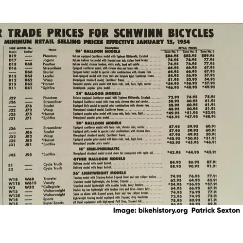 1954 Schwinn fair trade price list detail