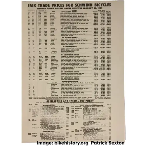 1954 schwinn fair trade price list front cover