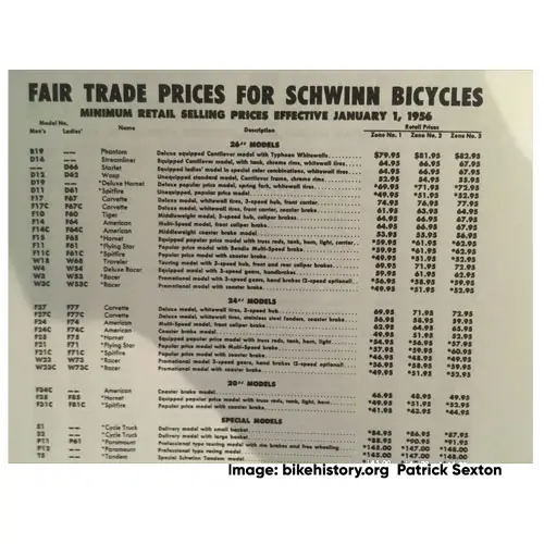 1956 Schwinn fair trade price list detail