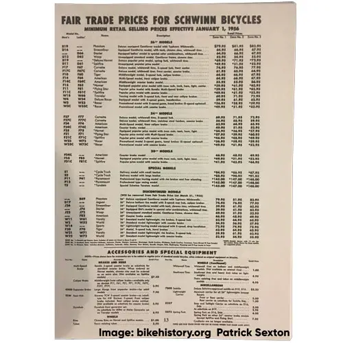 1956 schwinn fair trade price list front cover