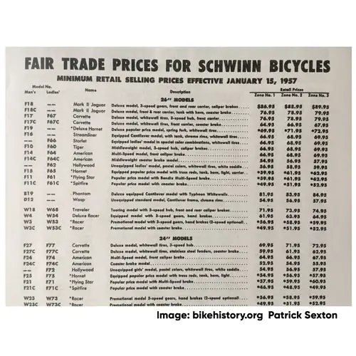 1957 Schwinn fair trade price list detail