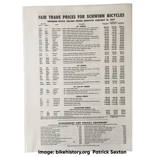 1957 Schwinn fair trade price list front