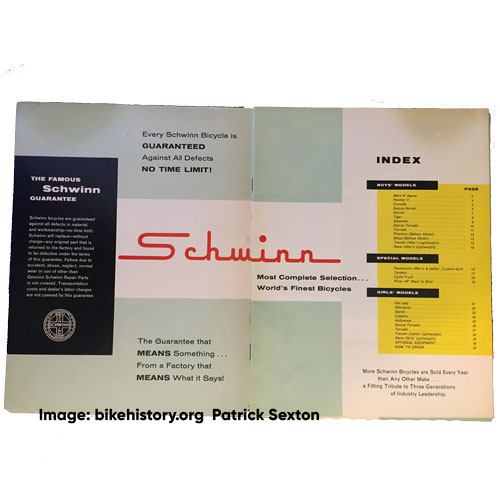 1959 Schwinn dealer catalog table of contents