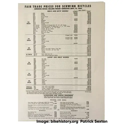 1960 Schwinn fair trade price list front