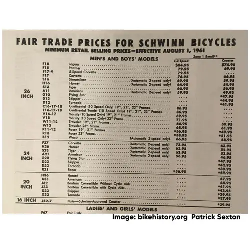 1961 Schwinn fair trade price list detail