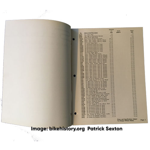 1964 Schwinn parts and accessories price list table of contents