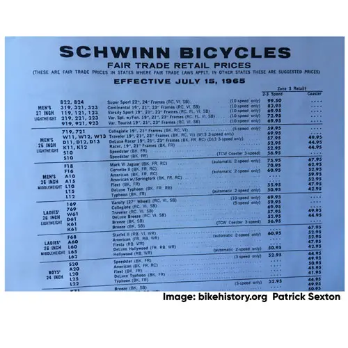 1965 Schwinn fair trade price list detail
