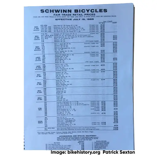 1965 schwinn fair trade price list front cover