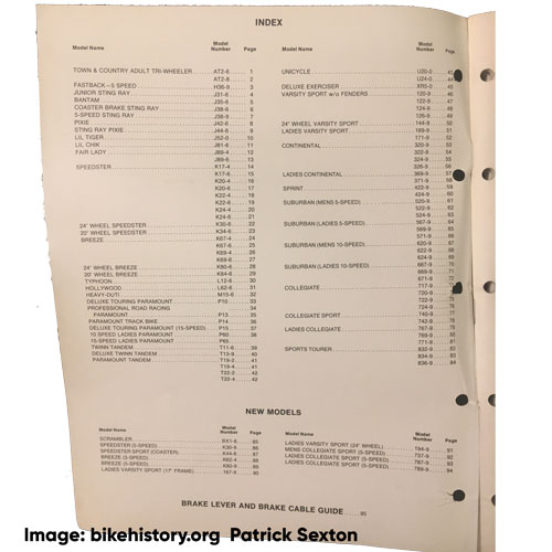 1975 Schwinn Bicycle Specifications table of contents
