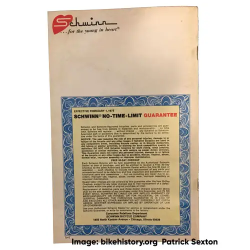 1975 Schwinn consumer catalog back cover