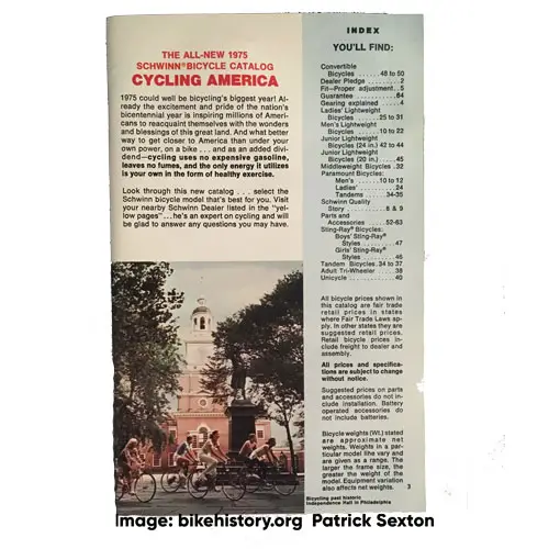 1975 Schwinn consumer catalog table of contents
