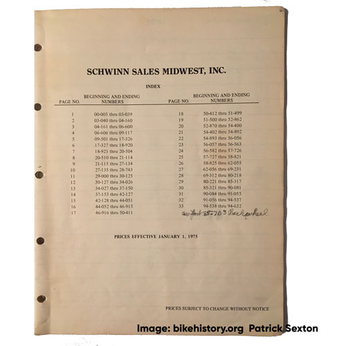 1975 Schwinn parts and accessories price list table of contents