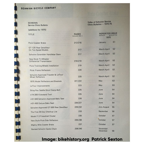 1975 Schwinn Service Clinic Bulletins table of contents
