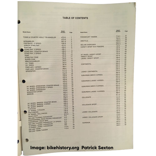 1976 Schwinn Bicycle Specifications table of contents