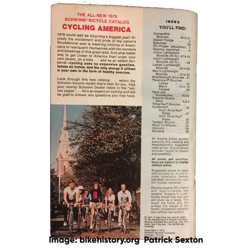 1976 Schwinn consumer catalog table of contents
