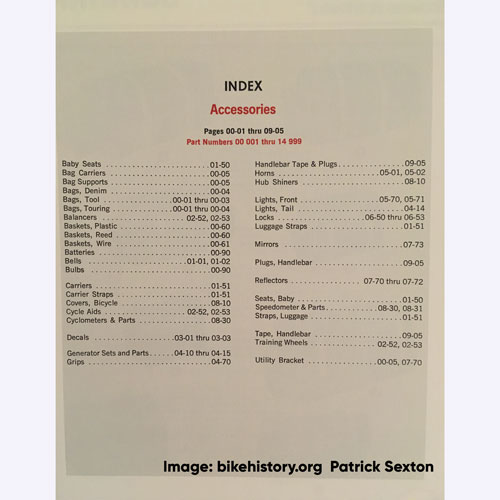 1976 Schwinn parts and accessories catalog table of contents