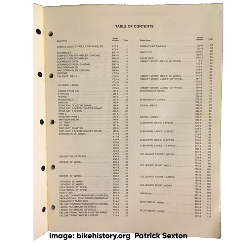 1977 Schwinn Bicycle Specifications table of contents
