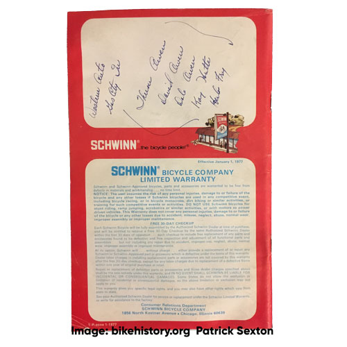 1977 Schwinn consumer catalog back cover