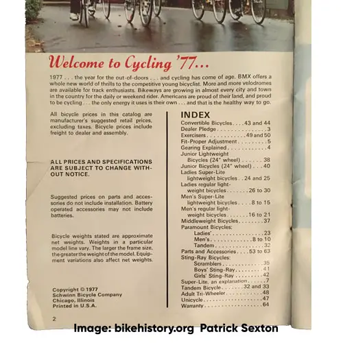 1977 Schwinn consumer catalog table of contents