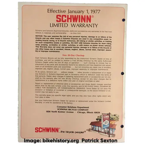 1977 Schwinn Super-Lite Specifications back cover