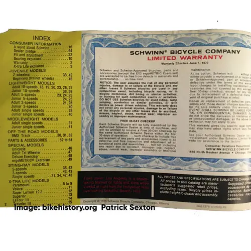 1978 Schwinn consumer catalog table of contents