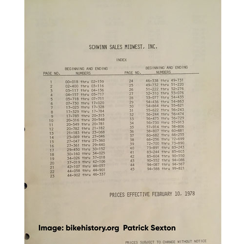1978 Schwinn parts and accessories price list table of contents
