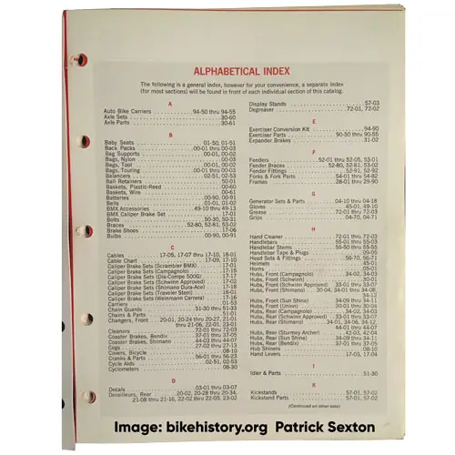 1979 Schwinn parts and accessories catalog table of contents