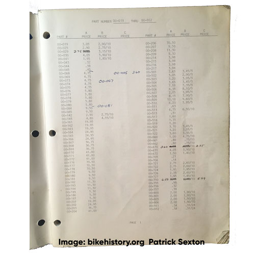 1982 Schwinn parts and accessories price list table of contents
