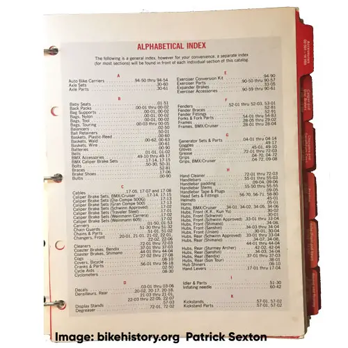 1982 Schwinn parts and accessories catalog table of contents