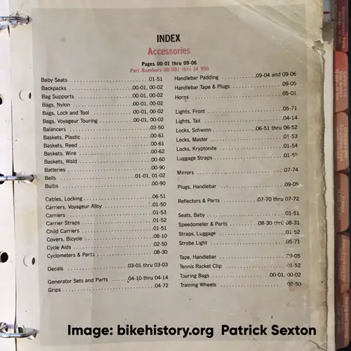 1983 Schwinn parts and accessories catalog table of contents